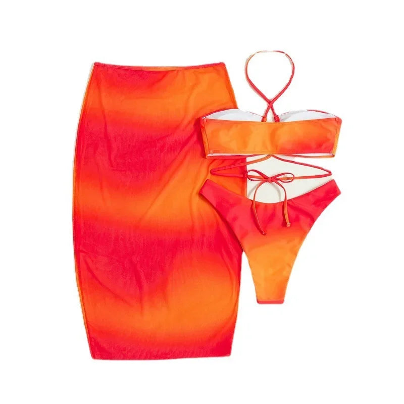 Orange Tie Dye Print Swimwear with Skirts 3 Piece Bikini Set Sexy Swimsuit Women Beach Swimming Wear String Halter Bikinis Thong