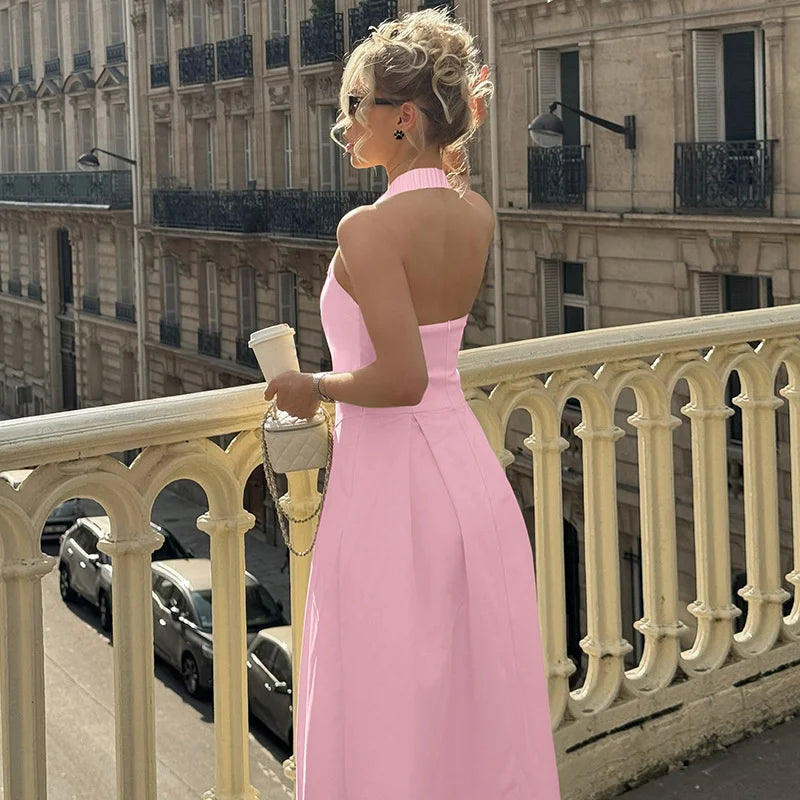 Mozision Halter Backless Sexy Midi Dress Women Fashion Solid Sleeveless High Waist A-line Club Party Pleated Long Dresses Female