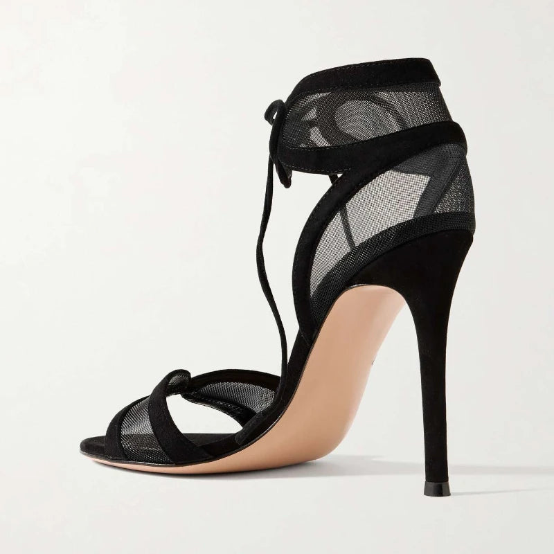 European and American Women's Summer Sexy High-heeled Fashion Week Runway Show Hollow Mesh Cross Strap Banquet Sandals