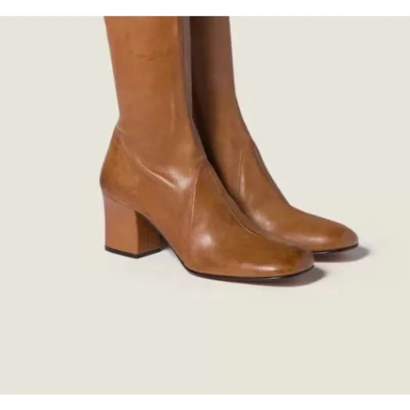 European and American Sexy Hot Girl Belt Buckle Thick High Heels Round Toe Back Zipper Knee Highboots Women's Retro Elasticshoes