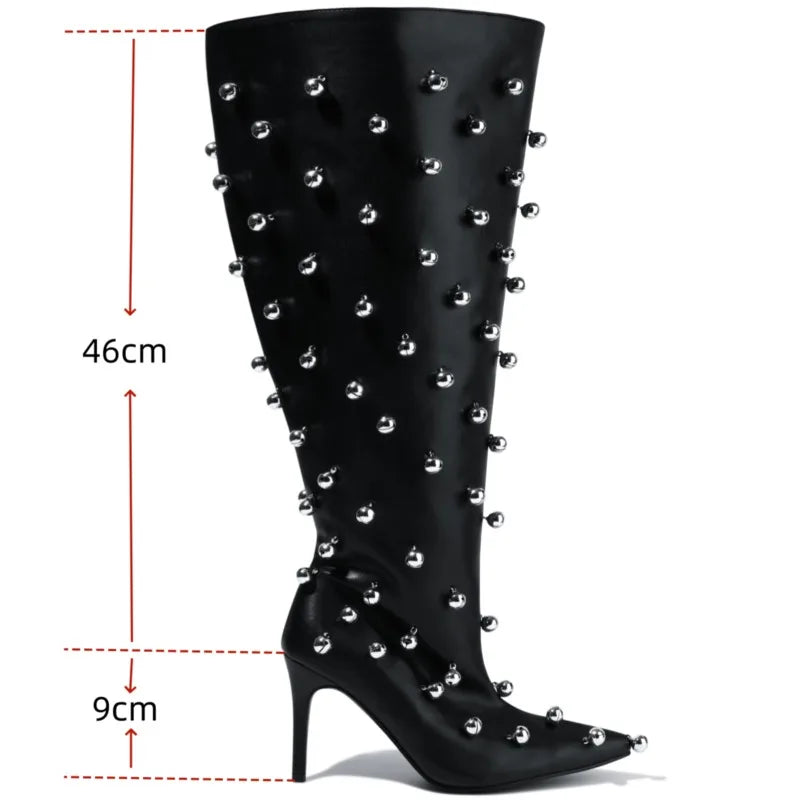 European Niche Design, High-quality Slim High Heels, Wide Knee Boots, Women's Fashionable and Sexy Studded Pleated Sleeve Boots