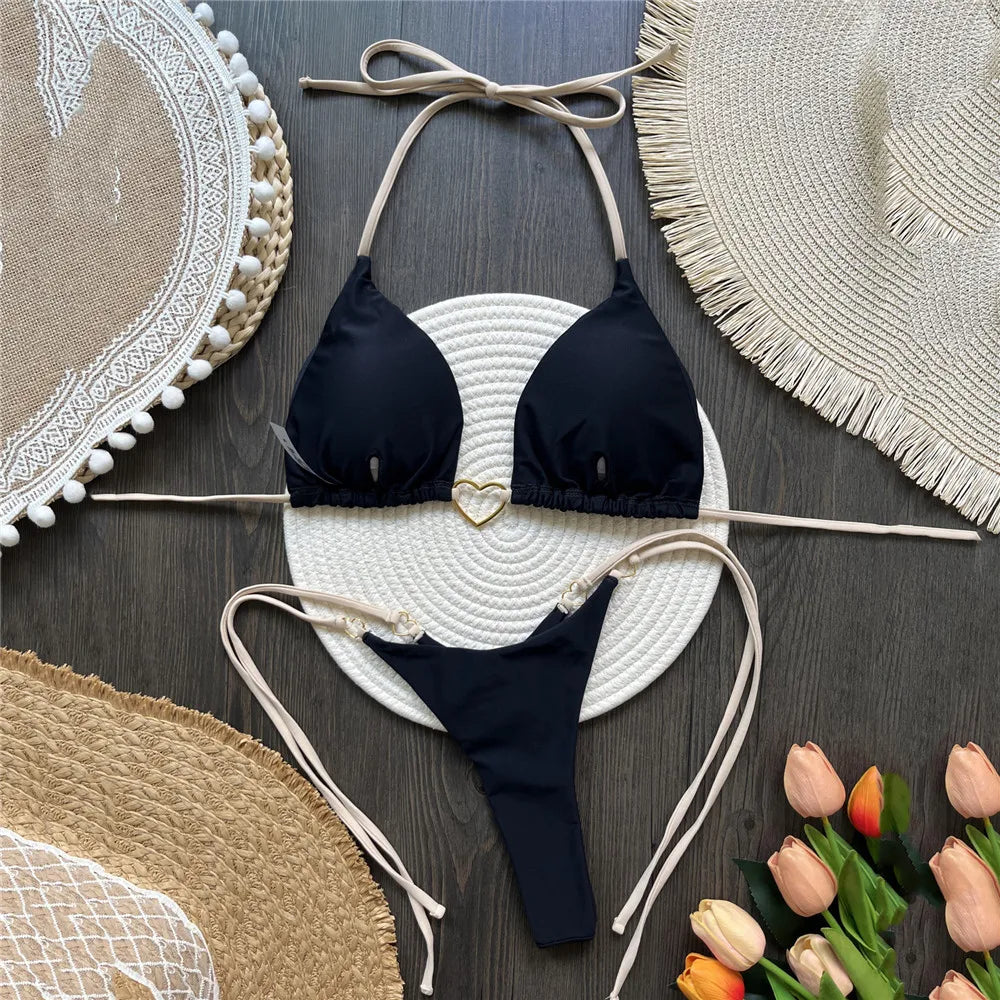 Black String Halter Swimwear Triangle Micro Bikini Thong Heart Ring Sexy Swimsuits Women 2025 Bathing Suit Biquinis Bikinis Sets