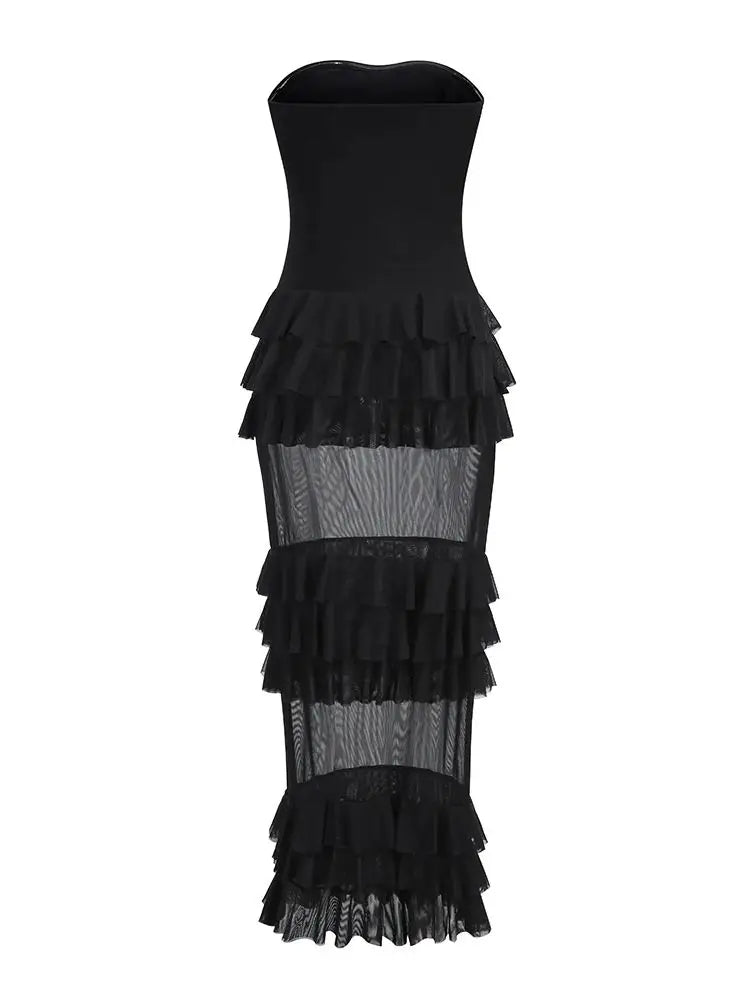 New 2025 Women Celebrity New Sexy Strapless Black Lace Mesh Long Bodycon Dress Elegant Evening Party Club Dress
