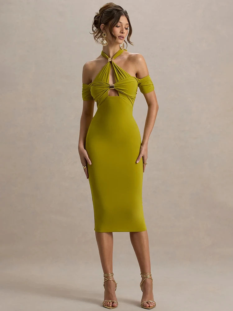 Mozision Hollow Out Halter Backless Sexy Midi Dress Women Fashion Off-shoulder Sleeveless Skinny Club Party Long Dress Elegant