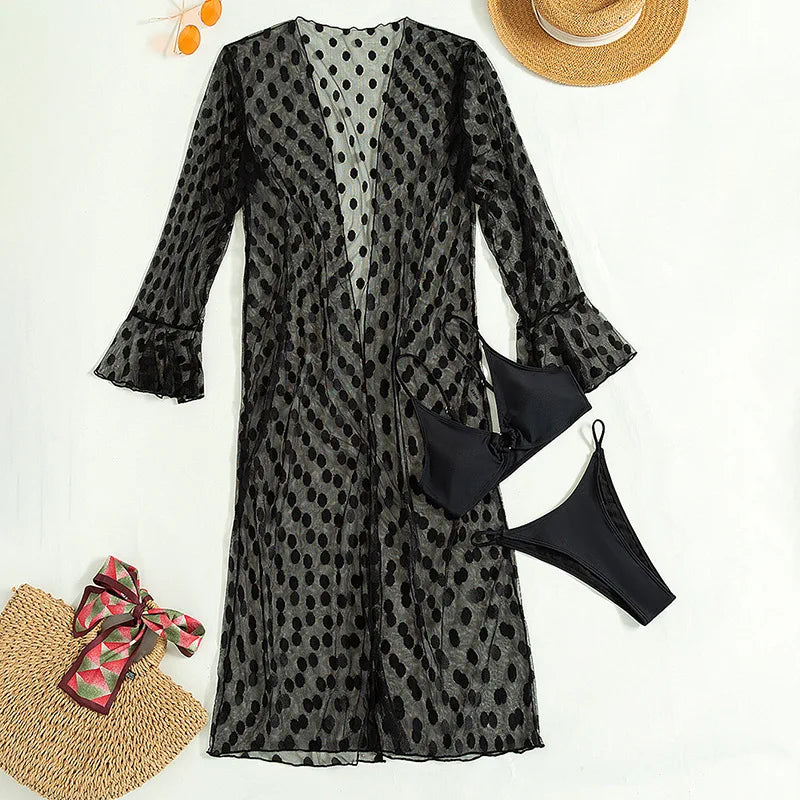 Black Mico Thong 3 Piece Bikini Set Damen Swimwear Polka Dot Mesh Cover Up Kaftans Sexy Swimsuit Women 2024 Beachwear Bikinis