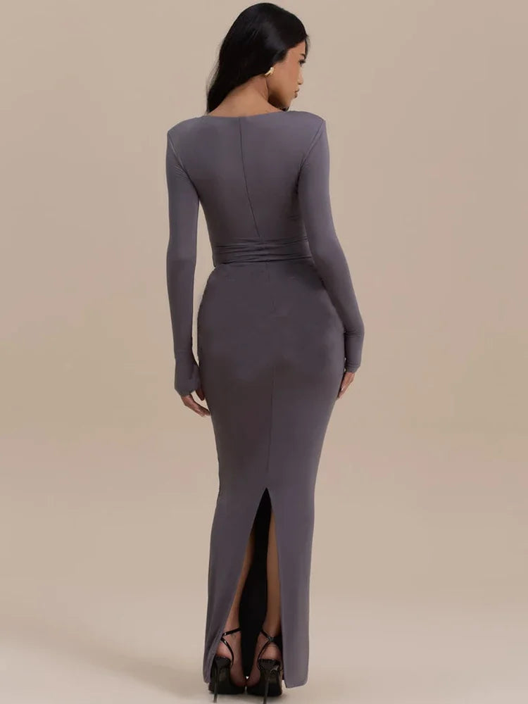 Long Sleeve Ruched Sexy Maxi Dress For Women Gown Autumn Winter New O Neck High Waist Bodycon Club Party Long Dresses