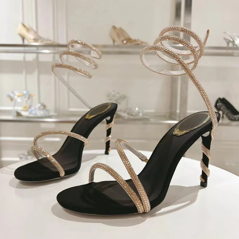 Luxury High Heels Sandals Woman Rhinestone Snake Twine Around Ankle Strap Wedding Shoes Stiletto Summer Gladiator Sandals Women
