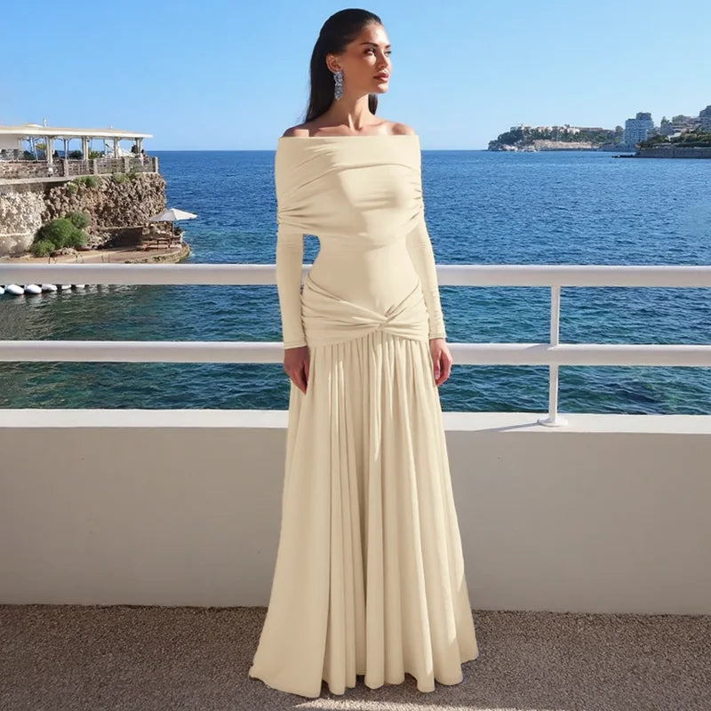 Dulzura Off Shoulder Long Sleeve Backless Ruched Slim Fit Pleated Long Dress Women'S Solid Sexy Dress Clothes Party Club Clothes