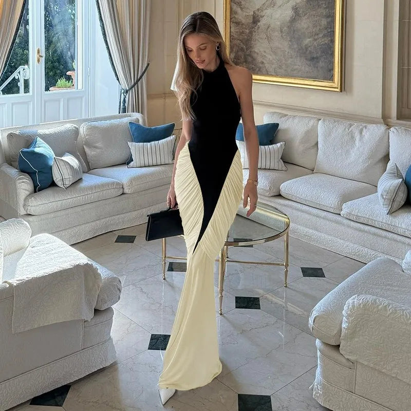 Talenza Elegant Evening Dress Women Fashion Slim Sleeveless Shrinking Clash Long Dress Vintage High Waisted Luxury Summer Dress