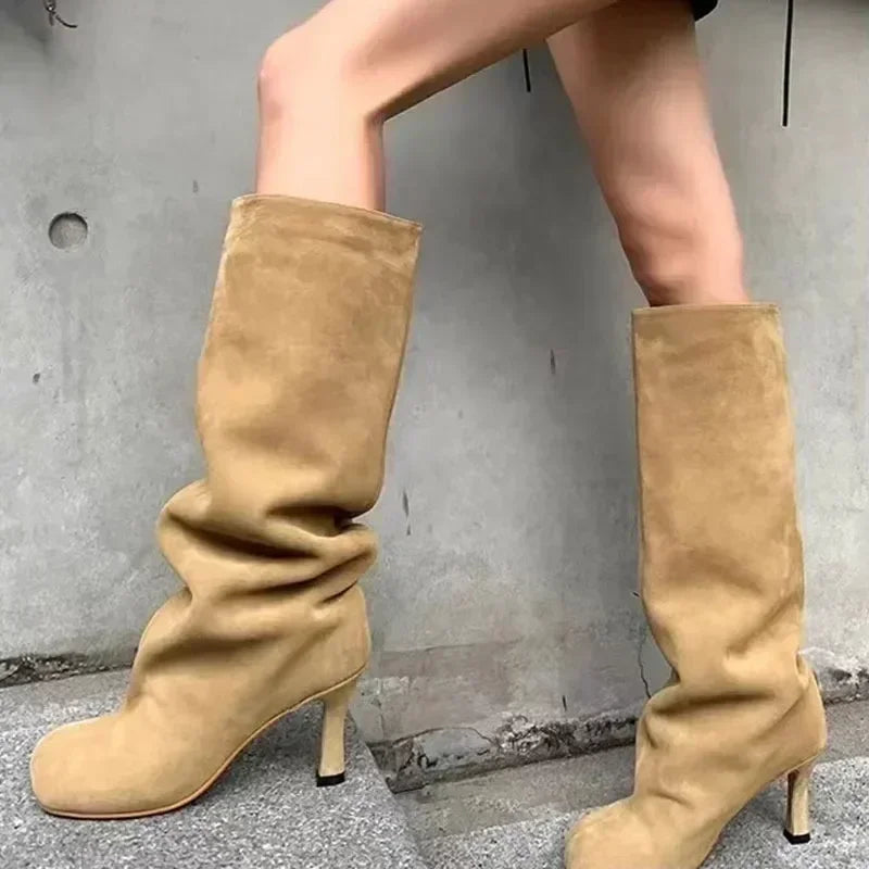2024 European and American Fashion Stiletto Heels Wide Leg Knee Sleeve Boots Women's Square Head Suede Warm Boots