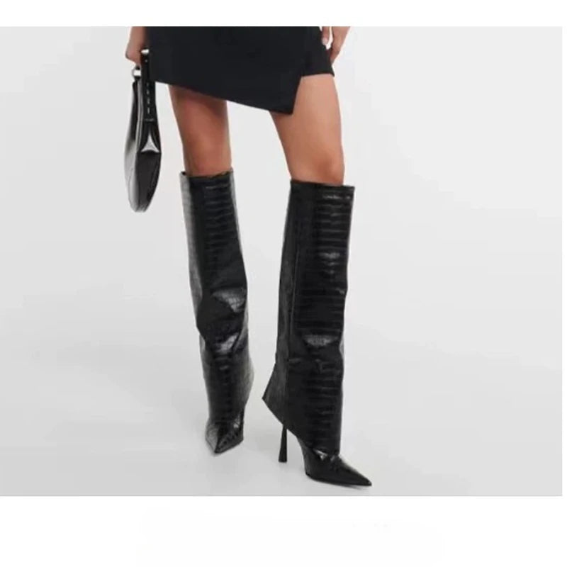Women's Fashion Retro Stone Pattern Pointed Sleeve Skirt Boots European and American High End Loose Pants Banquet Boots