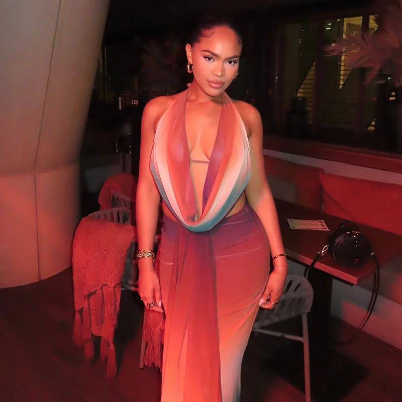 Mozision Print Sexy Mesh Halter Skirt 2 Pieces Sets For Women Off-shoulder Sleeveless Backless Tops And Skirt Two Pieces Sets