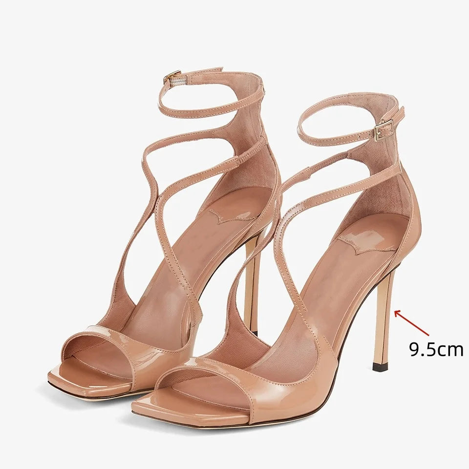 2025 Women's Spring/Summer New Style Glitter Material Fairy Style Cross Buckle with Stiletto High Heels and Open Toed Sandals