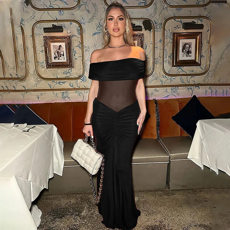 Mozision Off-shoulder Backless Sexy Maxi Dress Women Summer Fashion Strapless Sleeveless See Through Club Party Long Dress