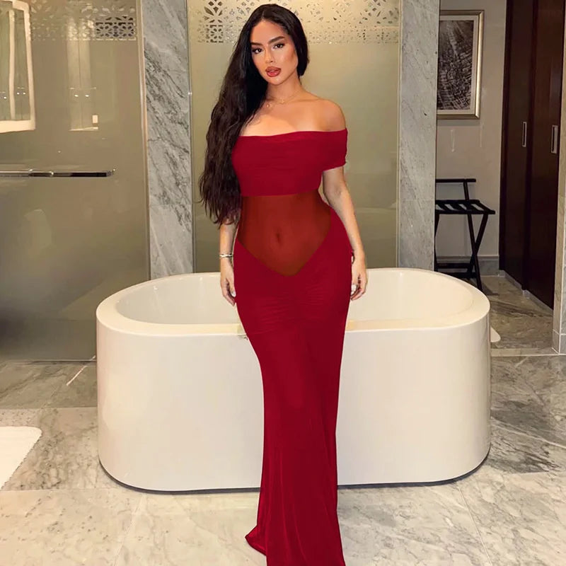Mozision Off-shoulder Backless Sexy Maxi Dress Women Summer Fashion Strapless Sleeveless See Through Club Party Long Dress