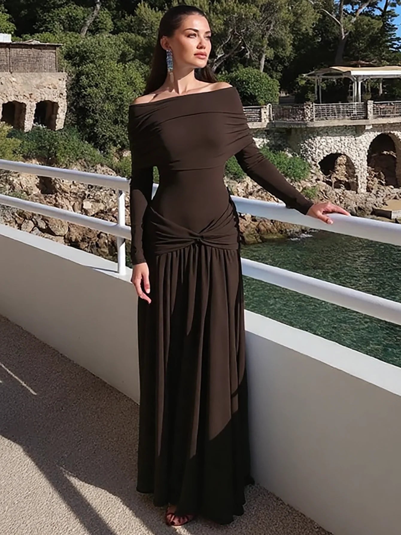 Dulzura Off Shoulder Long Sleeve Backless Ruched Slim Fit Pleated Long Dress Women'S Solid Sexy Dress Clothes Party Club Clothes