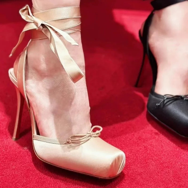 Luxury Design Woman Sandals 2025 Summer High Quality Square Satin High-heeled Female Shoes With Ankle Straps Wedding Flip Flops