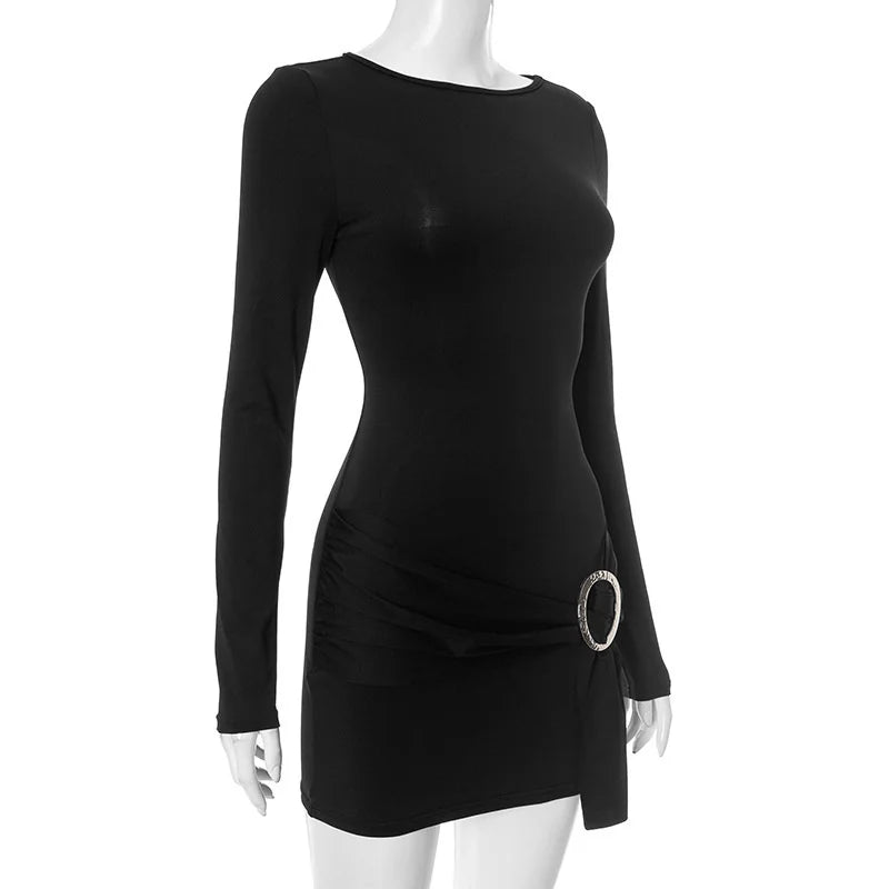 Mozision Metal Ring Long Sleeve Ruched Sexy Mini Dress Women Fashion Autumn New O Neck Draped Bodycon Club Dresses Female