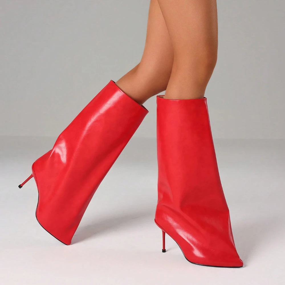 Knee High Slash Flare Boots For Women Fashion Stiletto High Heel Pointed Toe Pull On Pleated Slouchy Boots