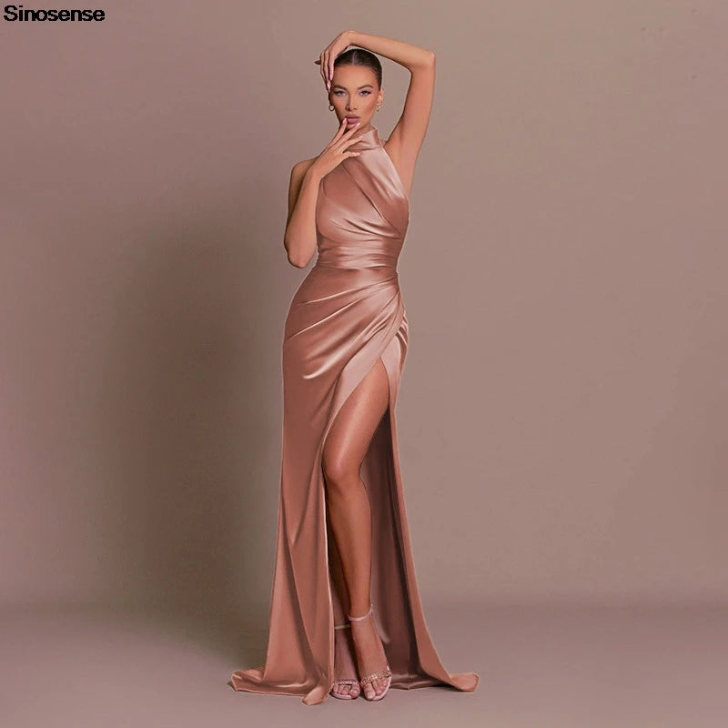 Womens Elegant Long Formal Evening Cocktail Party Dress Sexy High Split Ruched Bodycon Wedding Guest Bridemaid Maxi Dress