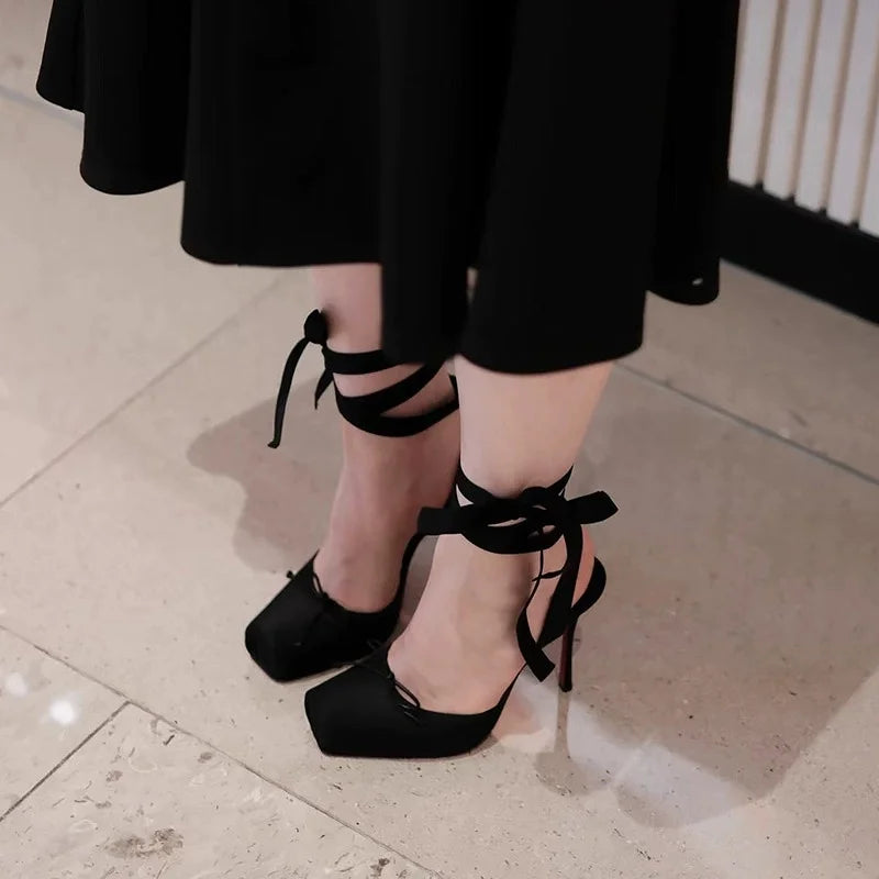 Luxury Design Woman Sandals 2025 Summer High Quality Square Satin High-heeled Female Shoes With Ankle Straps Wedding Flip Flops