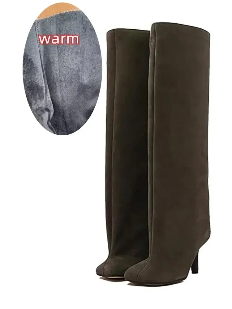2024 European and American Fashion Stiletto Heels Wide Leg Knee Sleeve Boots Women's Square Head Suede Warm Boots