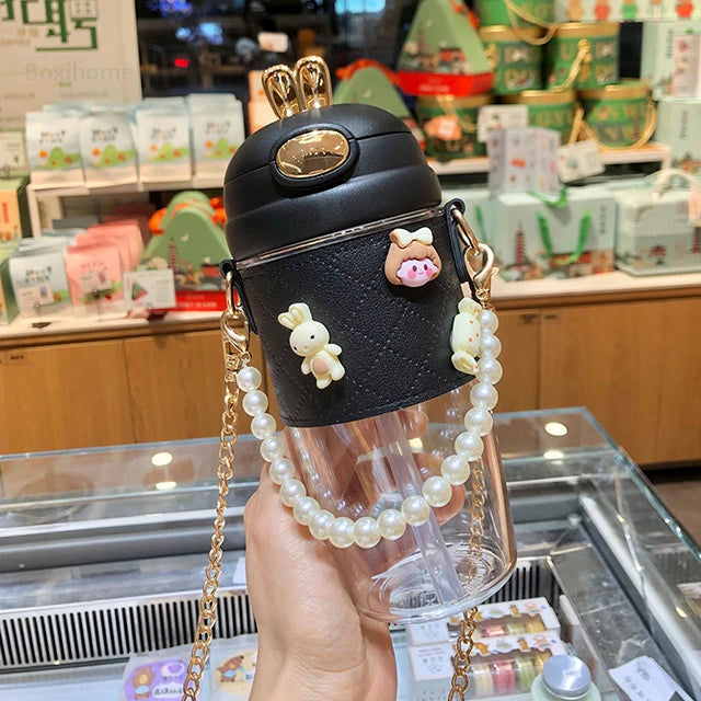 Ins Simple Fashion Plastic Water Bottle For Girls With Leather Sleeve And Strap Straw Adult Pregnant Women Portable Sippy Cups