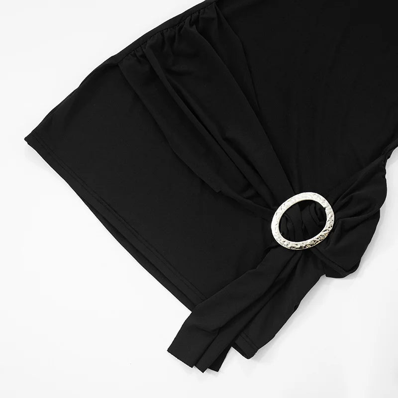 Mozision Metal Ring Long Sleeve Ruched Sexy Mini Dress Women Fashion Autumn New O Neck Draped Bodycon Club Dresses Female