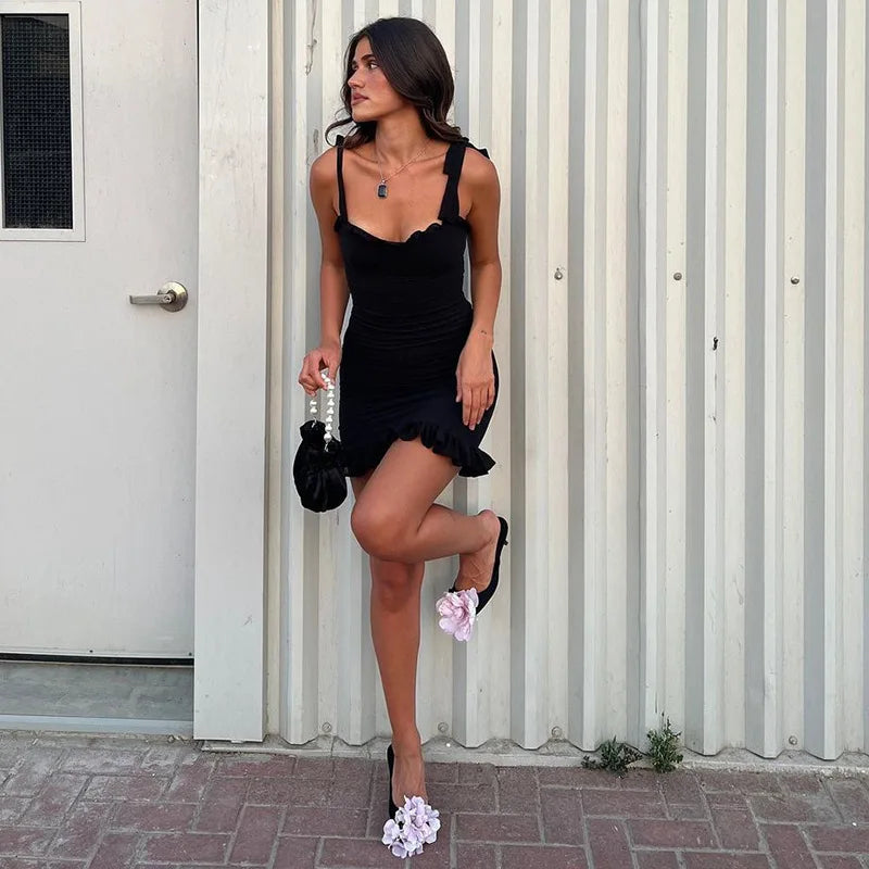 Mozision Elegant Women's Summer New Sexy Backless Solid Slash Neck Dress Slim Fit Waist Camisole Mini Dress Club Party Dress