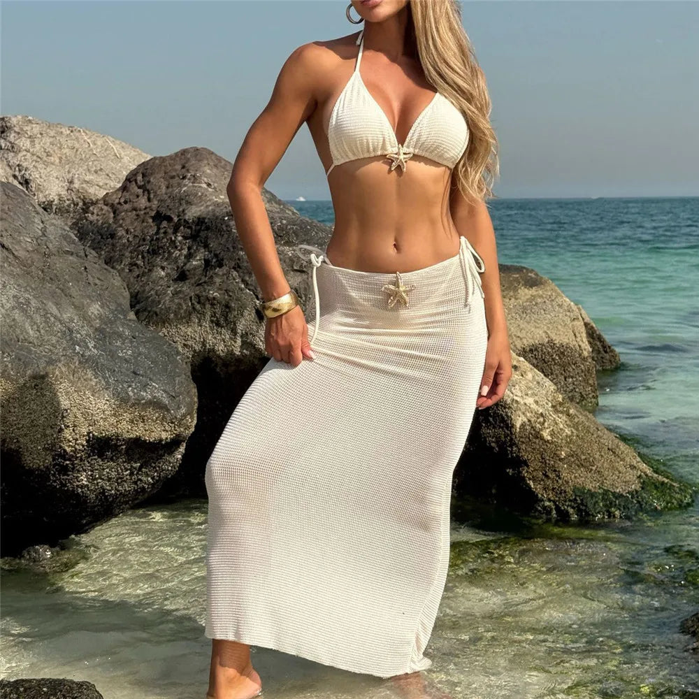 Holiday Starfish Solid Swimwears Halter String Triangle 3 Piece Bikini Set Cover Up Skirts Sexy Swimsuit Women 2025 Bikini Dames