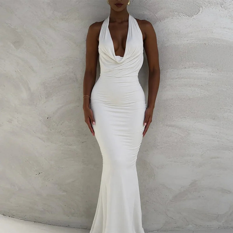 Mozision Deep V-neck Lace-up Sexy Maxi Dress For Women Elegant Off-shoulder Sleeveless Halter Fashion Backless Club Party Dress