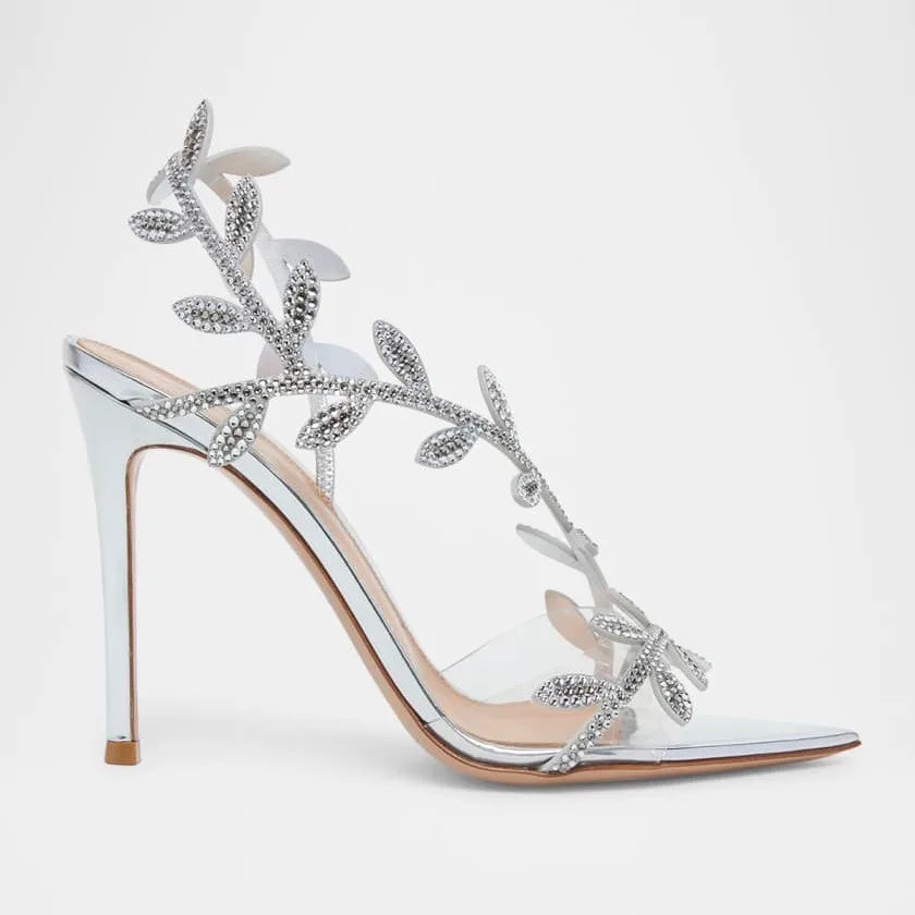 2025 Women's Summer New Style Lacquer Leather Leaf Fairy Style Strap Stiletto High Heels Pointed Open Toe Fashion Sandals