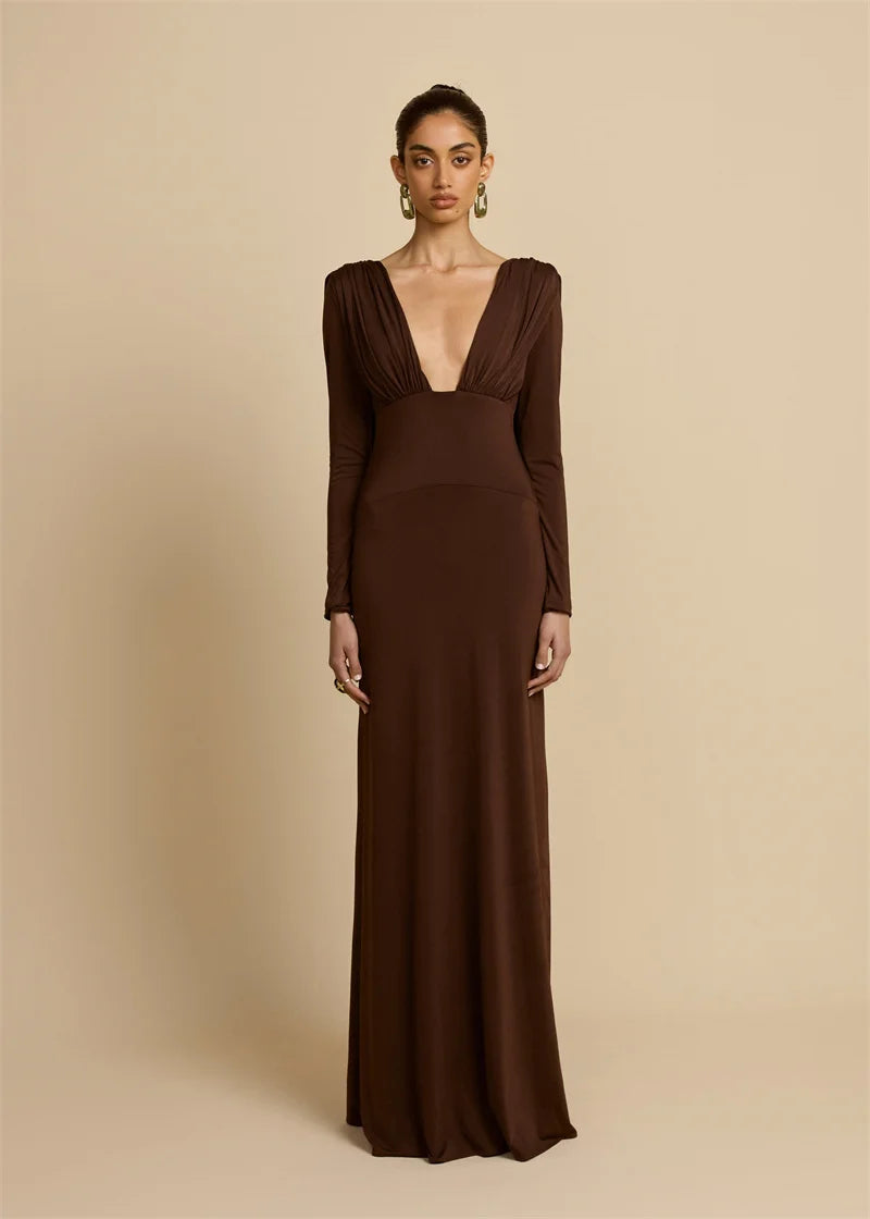 Mozision Elegant Deep V Neck  Backless Sexy Maxi Dress For Women Brown Long Sleeve High Waist Ruched Club Party Long Dresses