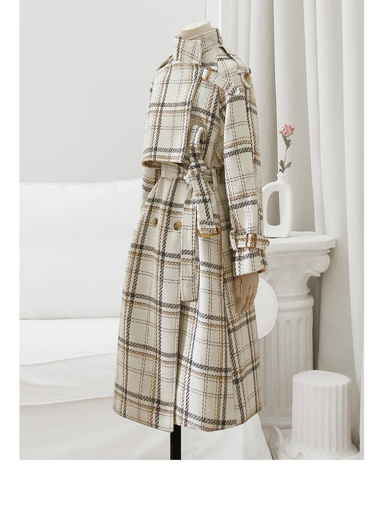 Lautaro Autumn Winter Long Loose Warm Plaid Wool Blends Trench Coat for Women Raglan Sleeve Belt Double Breasted Woolen Overcoat