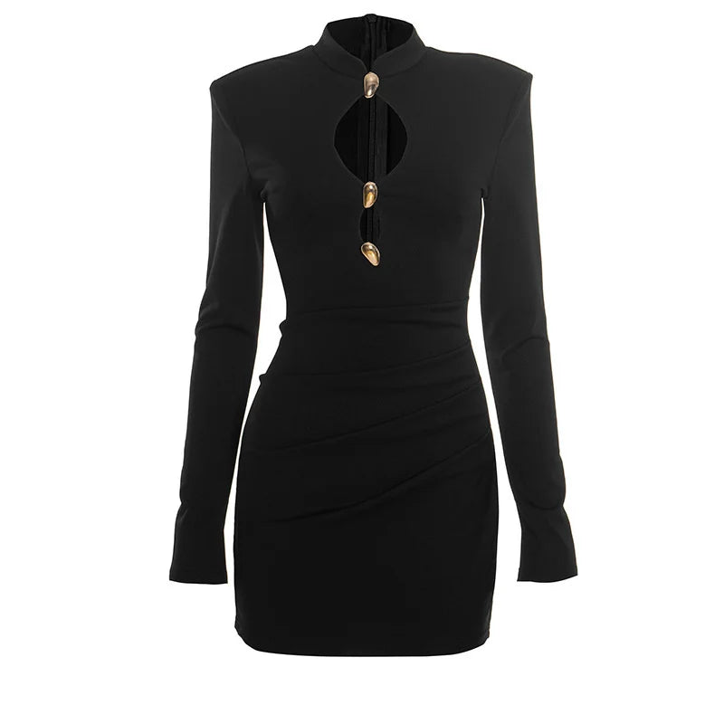 Mozision Hollow Out Long Sleeve Sexy Mini Dress Women Gown Elegant Winter New Half High Collar Metal Buckle Club Party Dresses