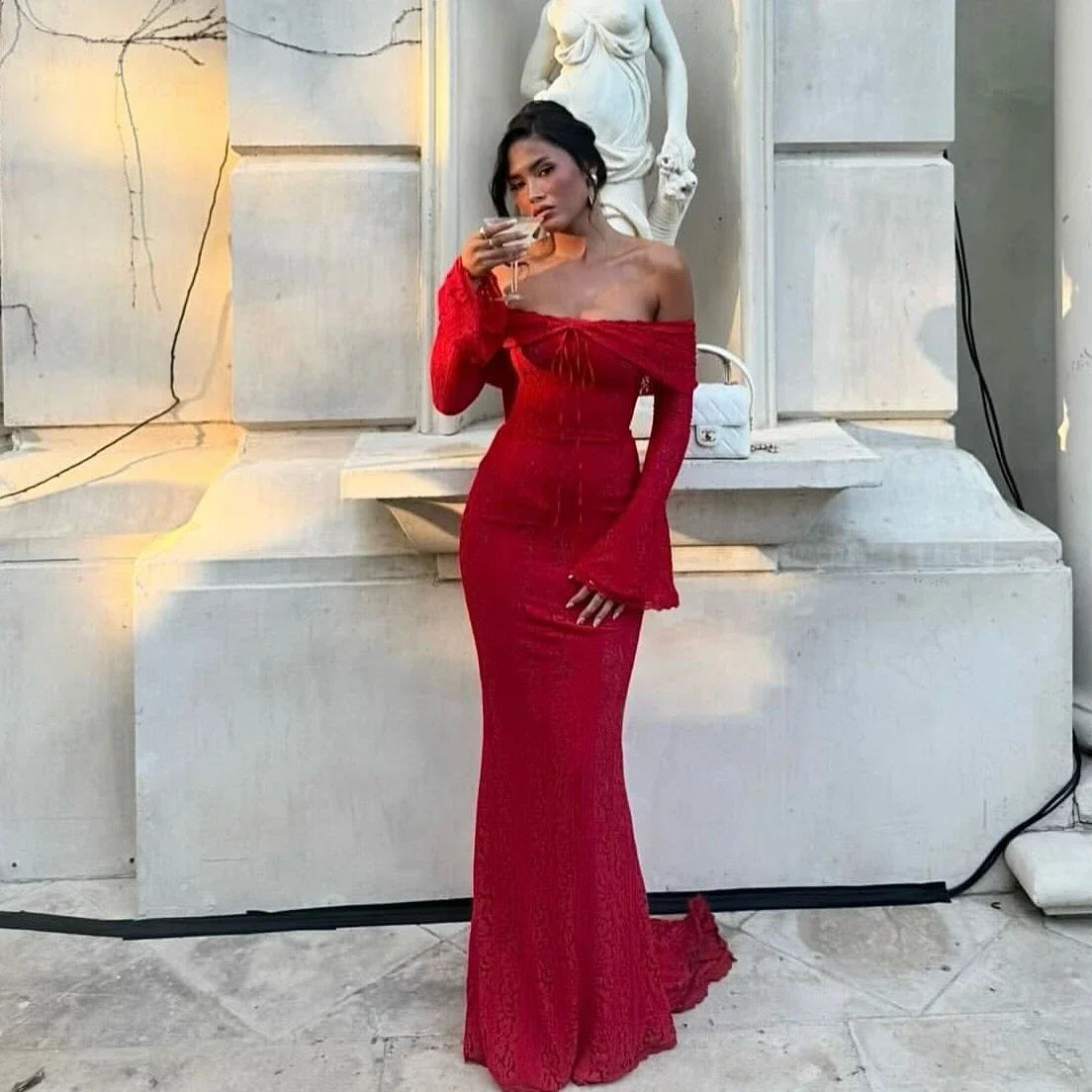 Oligai Autumn Off-Shoulder Maxi Dress Elegant Lace Flare Sleeves Red Evening Party Dress Women's New Arrival 2025 Cocktail Dress Wofashion.xyz