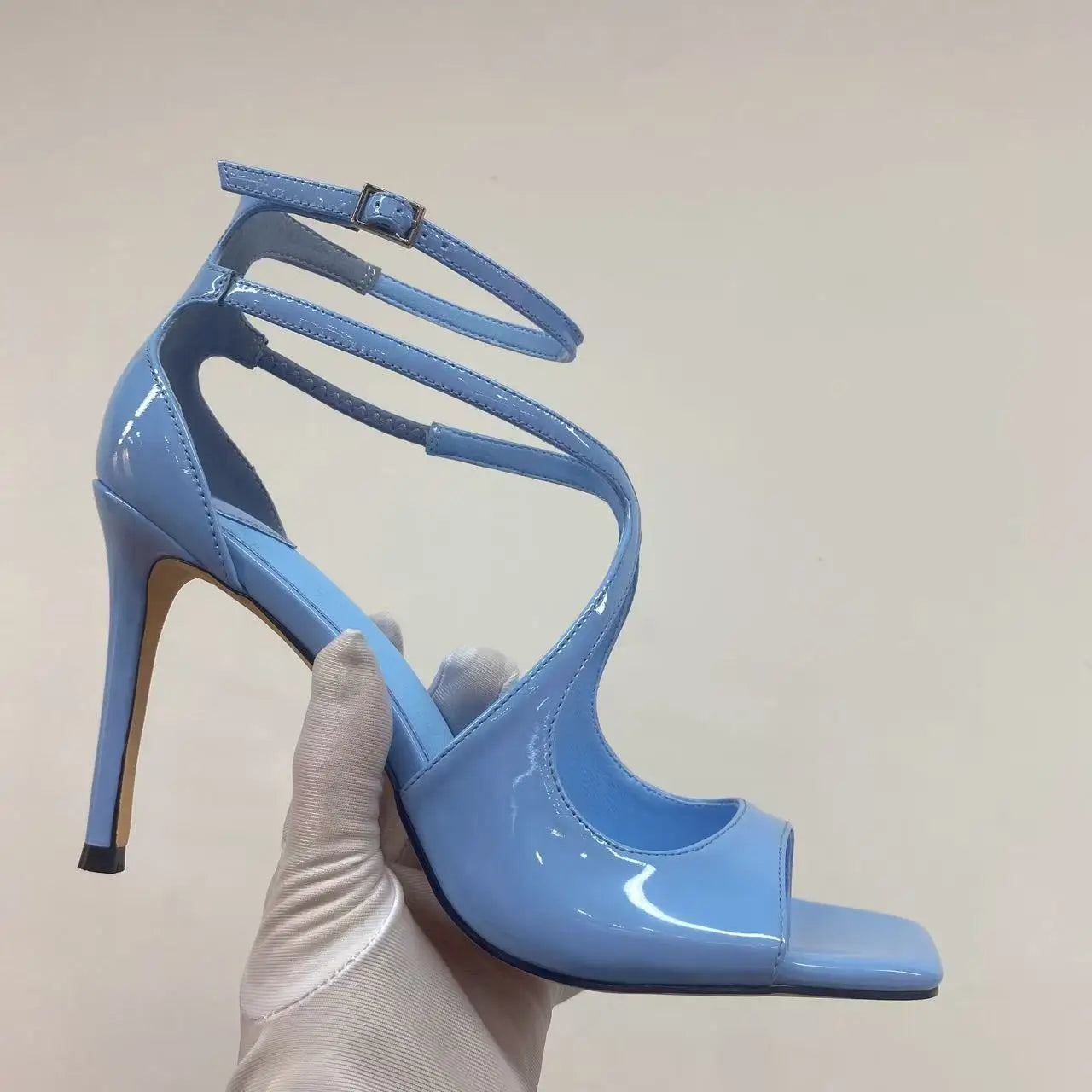 2025 Women's Spring/Summer New Style Glitter Material Fairy Style Cross Buckle with Stiletto High Heels and Open Toed Sandals