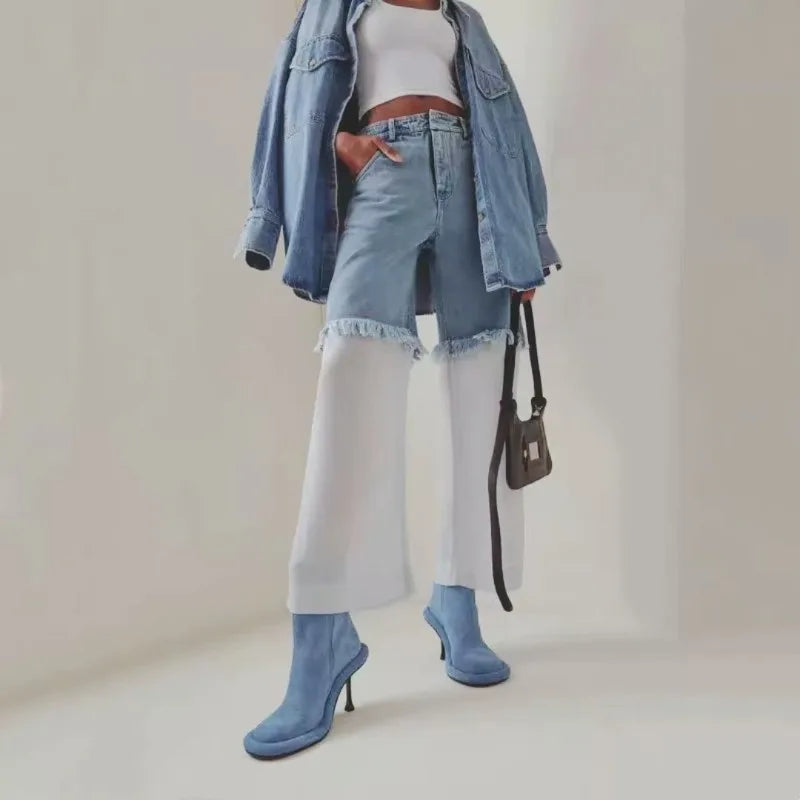 European and American Trend Retro Denim Slim High Heels Round Toe Short Boots for Women Sexy Side Zipper Fashion Banquet Shoes