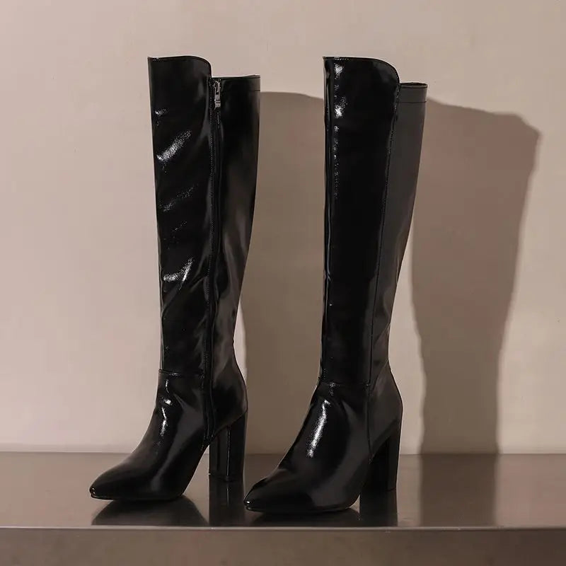 REAVE CAT Sexy Female Knee High Boots Pointed Toe Chunky Heels 8.5cm Big Size 46 47 48 Fashion Party Women Booties