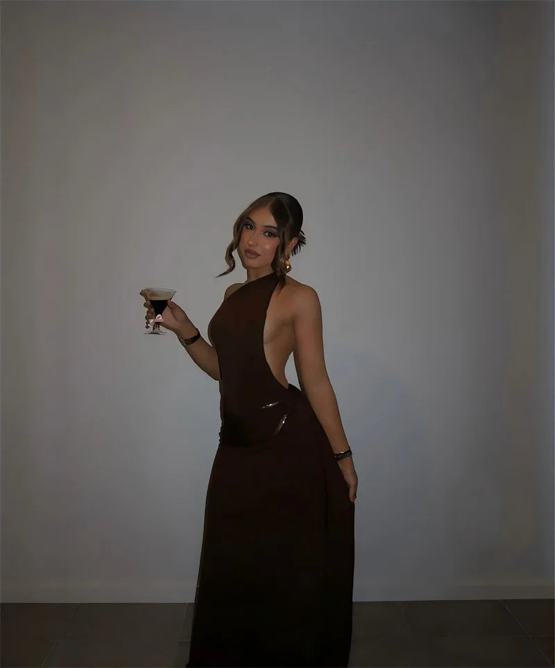 Mozision One Shoulder Backless Sexy Maxi Dress Women Gown Fashion Metal Buckle Diagonal Collar Sleeveless Draped Club Long Dress