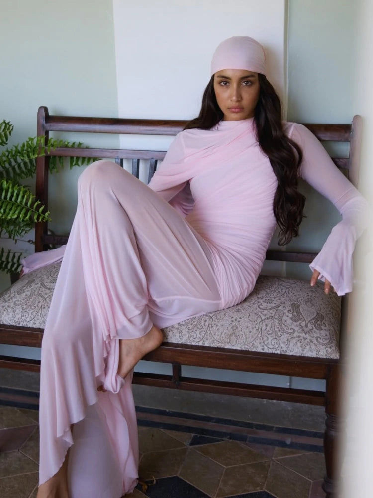 Sexy O Neck Mesh Patchwork Folds Long Dress Women Pink Long Sleeves Asymmetrical Folds Slim Dresses Evening Party Formal Gowns