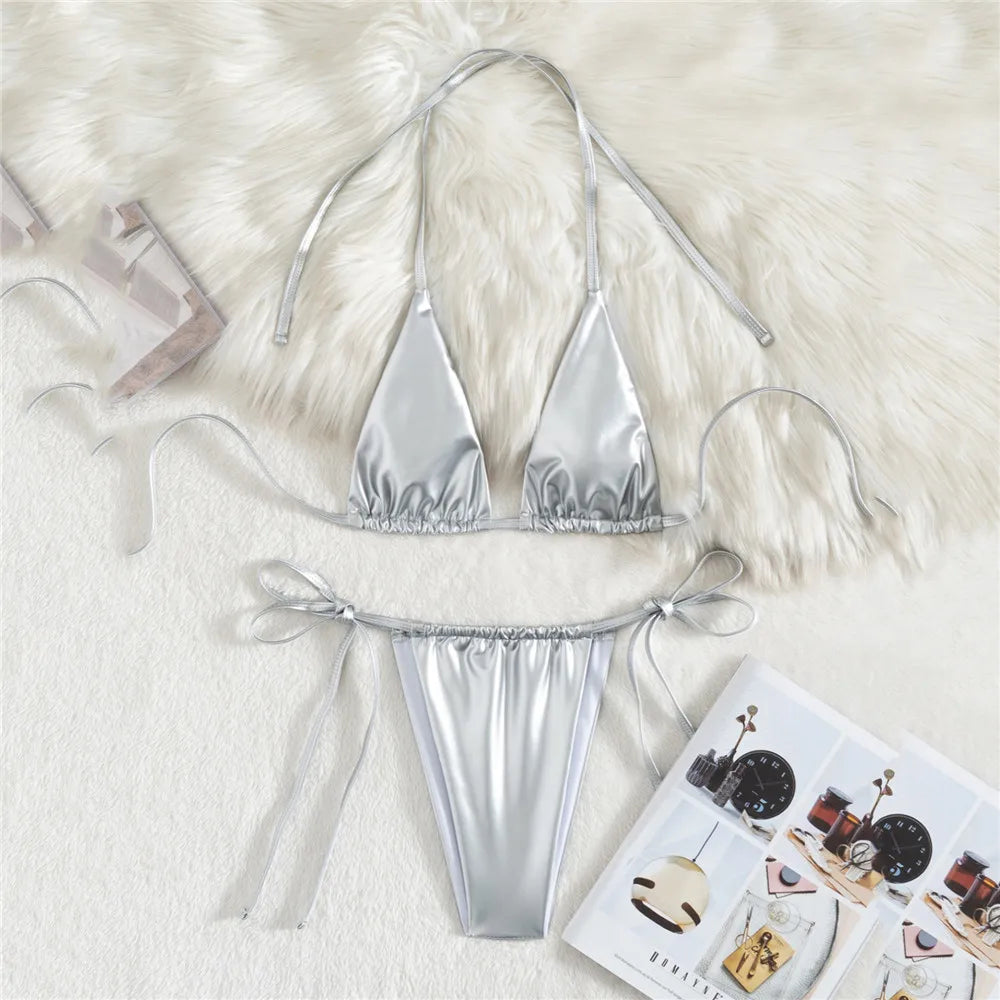 Shiny Silver Micro Bikini Thong Set Sexy Swimsuit Women Lace-up Bathing Suit Solid Swimwears Bathing Suit Bikinis Woman 2025