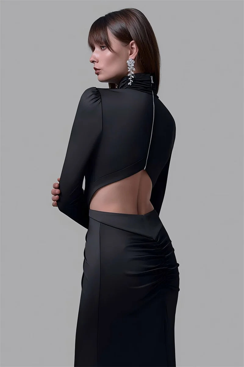 Mozision Turtleneck Backless Sexy Maxi Dress Women Gown Autumn Winter Elegant Long Sleeve Thigh High Split Club Party Long Dress