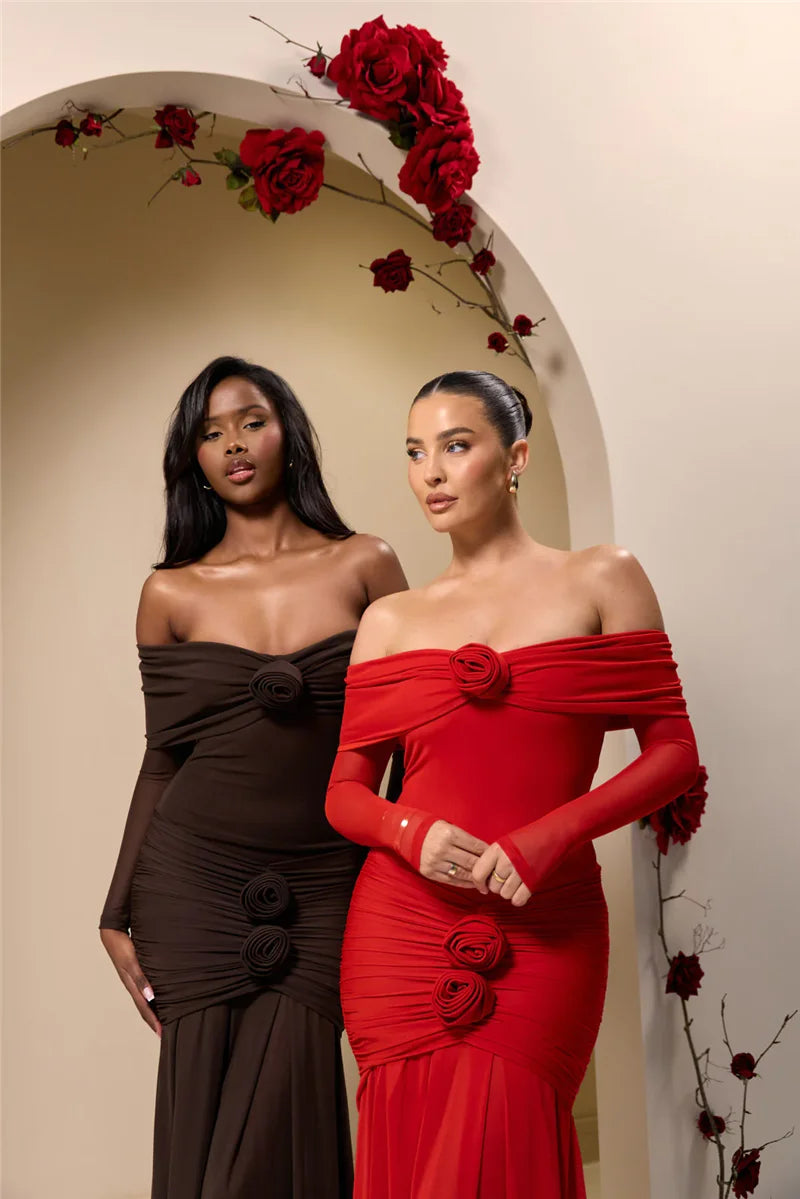 Mozision Off-shoulder Strapless Rose Sexy Maxi Dress For Women Fashion Long Sleeve Backless Ruched Bodycon Club Party Dress