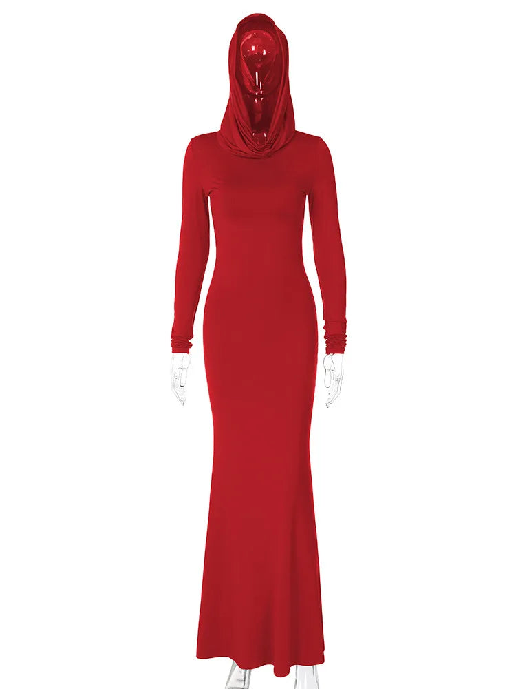 DSMTRC High Street Red Christma Hooded Long Sleeve Maxi Dress for Woman Slim Solid Bodycon Party Vestidos Elegant Autumn Dresses