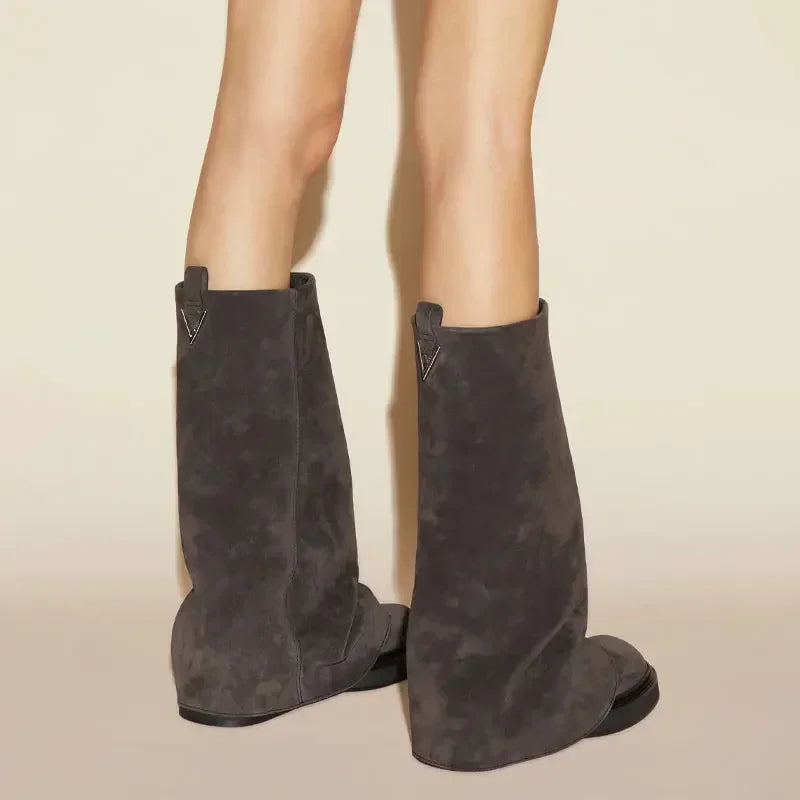 New Large Walled Flat Bottomed Round Toe Sleeve Knee High Pleated Women's Boots Retro Knight Boots Shoes for Women