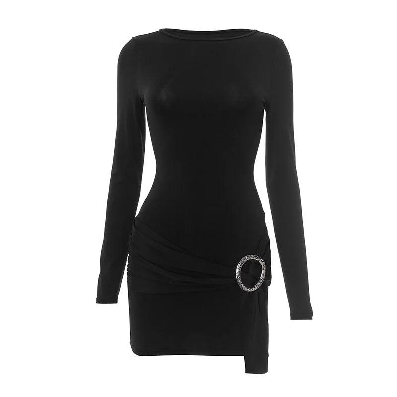 Mozision Metal Ring Long Sleeve Ruched Sexy Mini Dress Women Fashion Autumn New O Neck Draped Bodycon Club Dresses Female