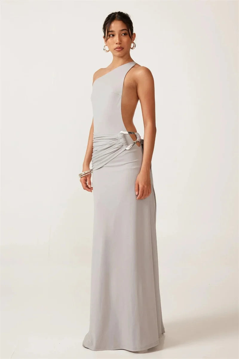Mozision One Shoulder Backless Sexy Maxi Dress Women Gown Fashion Metal Buckle Diagonal Collar Sleeveless Draped Club Long Dress