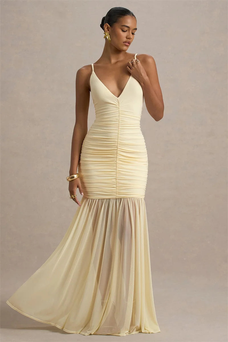 Mozision Spaghetti Strap Backless Sexy Maxi Dress Women Gown Fashion Patchwork Off-shoulder V Neck Ruched Pleated Party Dress