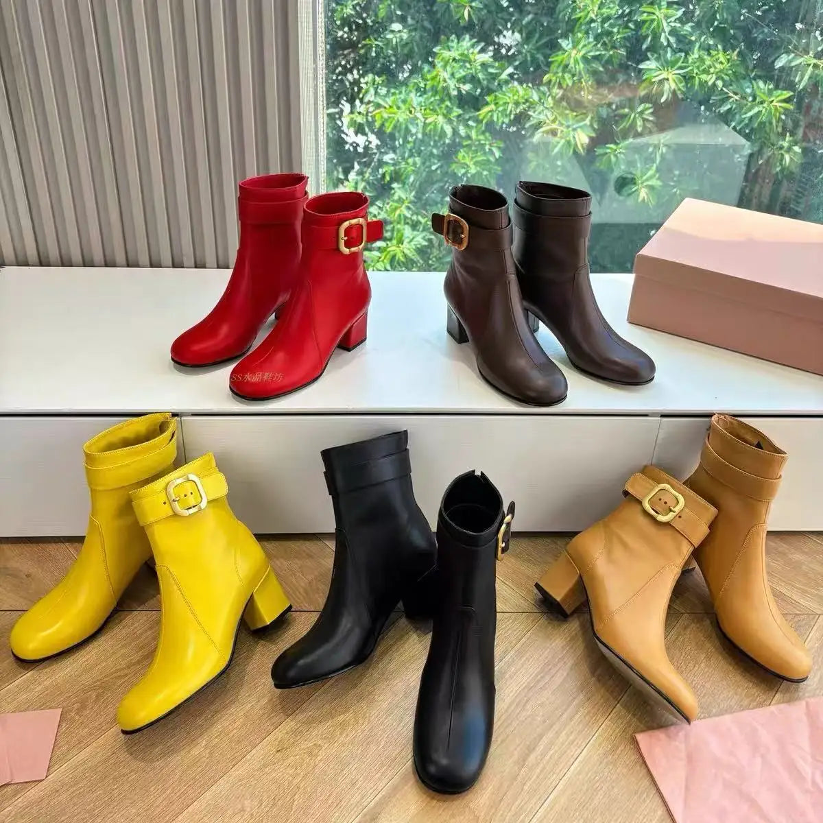 European and American Sexy Hot Girl Belt Buckle Thick High Heels Round Toe Back Zipper Knee Highboots Women's Retro Elasticshoes